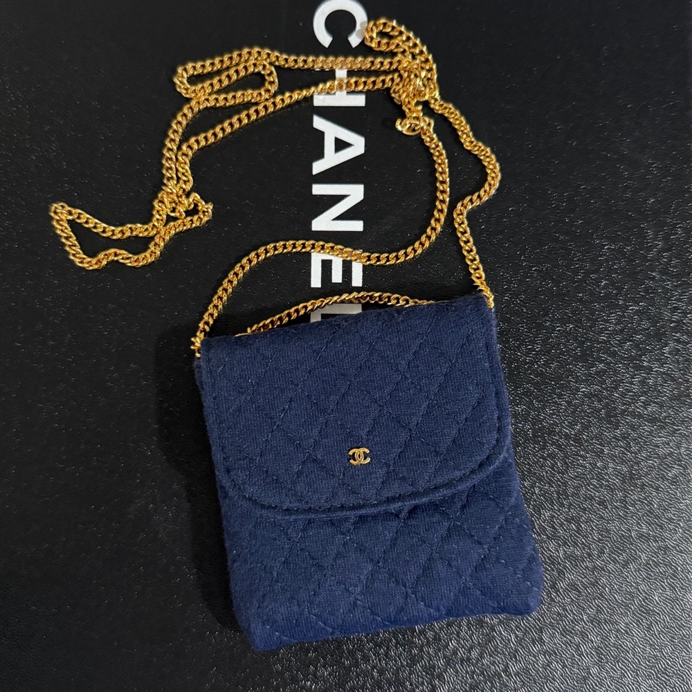 Auth Rare Chanel 90s micro flap Bag Navy  Quilted Bag Gold Chain collectable